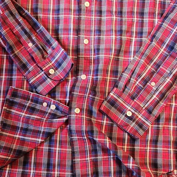 CHAPS Easy Care Long Sleeve Button Down Casual Shirt, Medium, Red & Blue Plaid - Picture 8 of 8